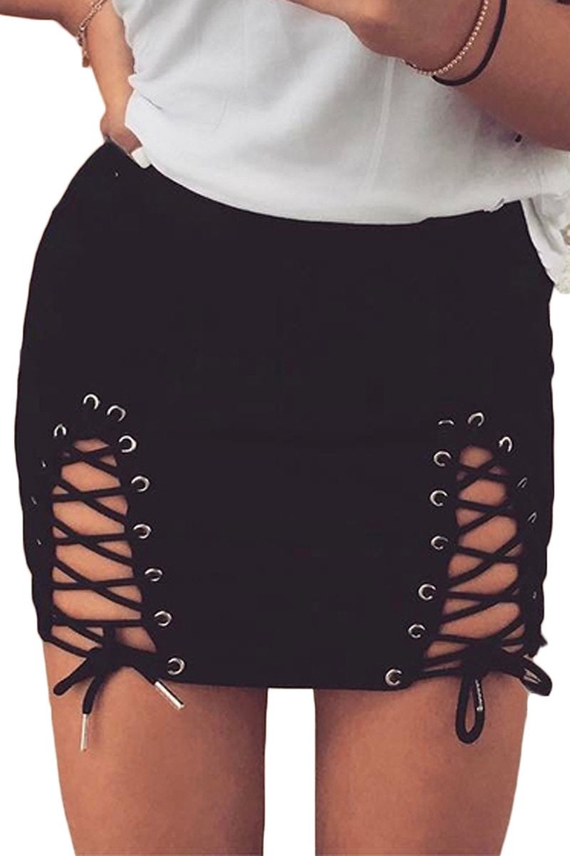 Meyeeka Women's High Waist Faux Suede Bodycon Pencil Lace Up Mini Skirt Black M - Image 3